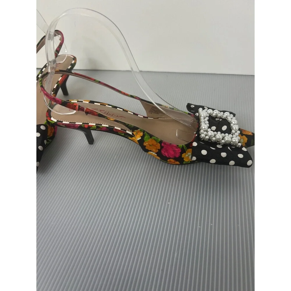 Betsey Johnson Floral Polka Dot Pearl Bow Slingback Kitten Heel Pumps Womens 8M
